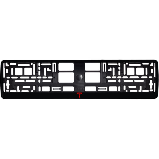 gloss black license plate with red tesla logo