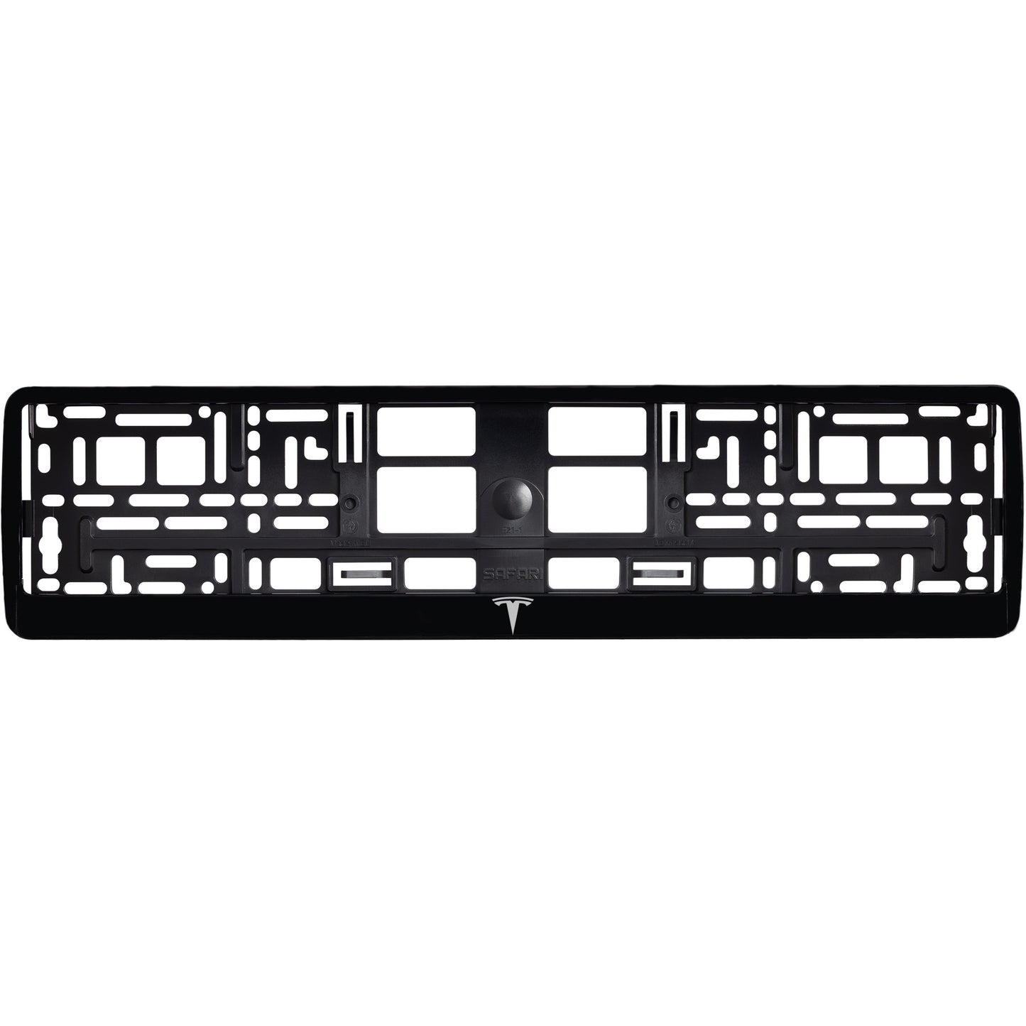 
        gloss black license plate with silver tesla logo
     