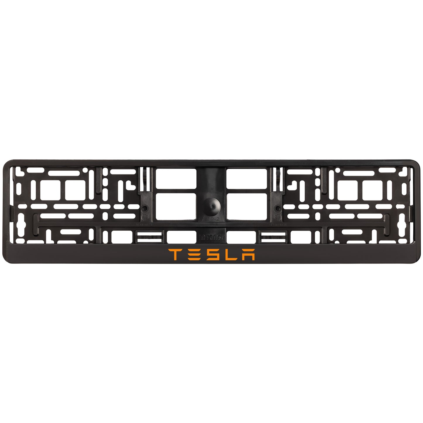 
        black license plate frame with orange tesla text
     