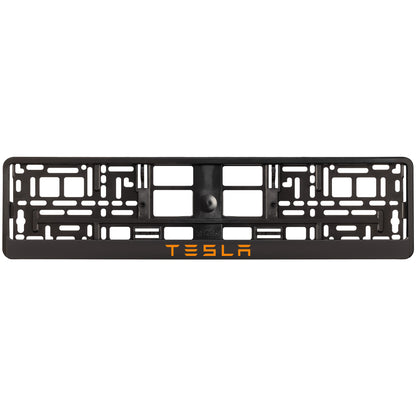 black license plate frame with orange tesla text