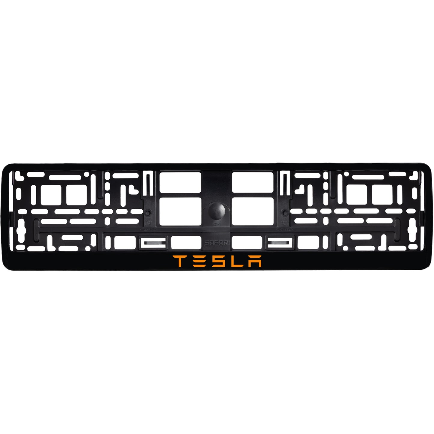 
        gloss black license plate frame with orange tesla text
     