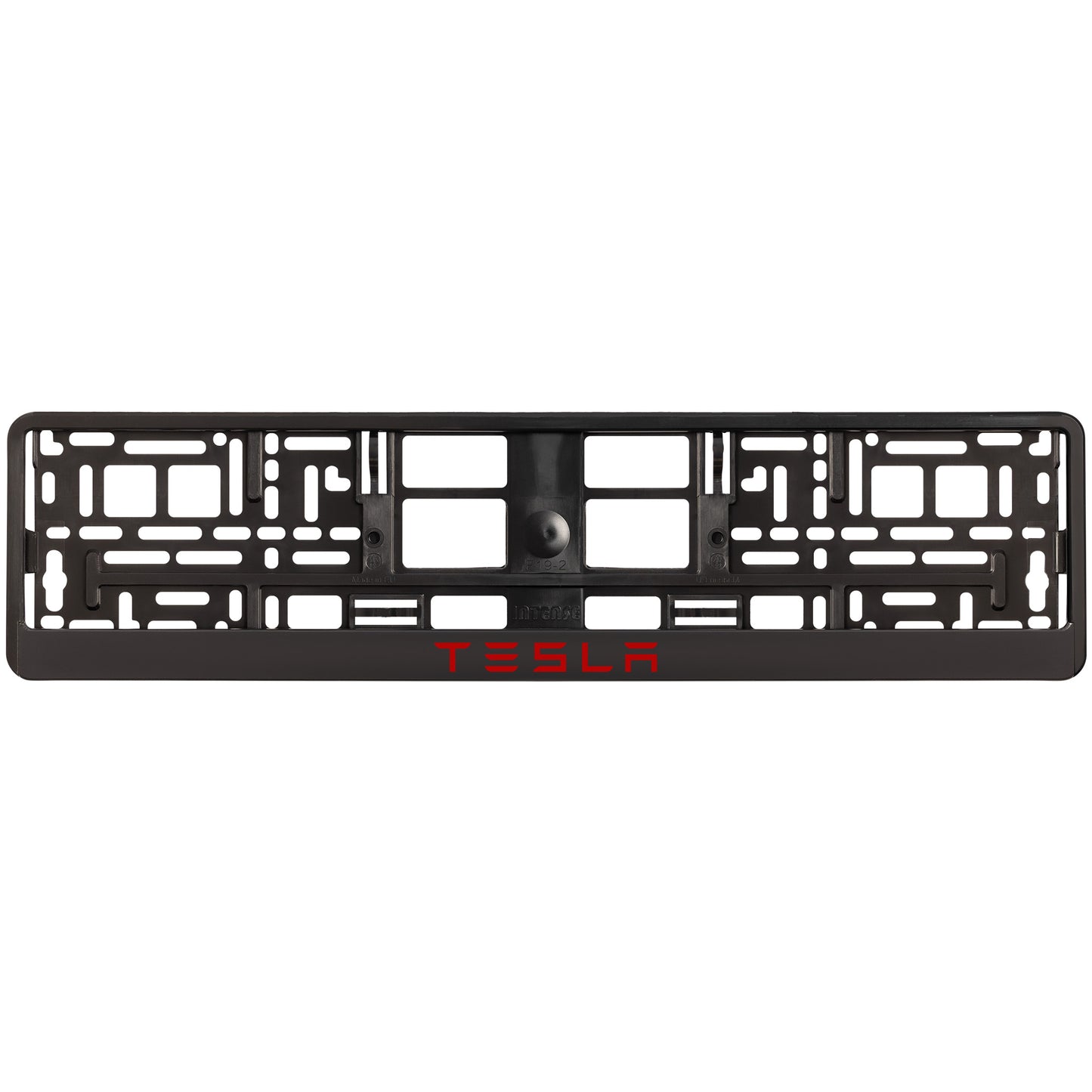 
        black license plate frame with red tesla text
     