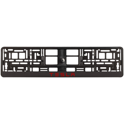 black license plate frame with red tesla text