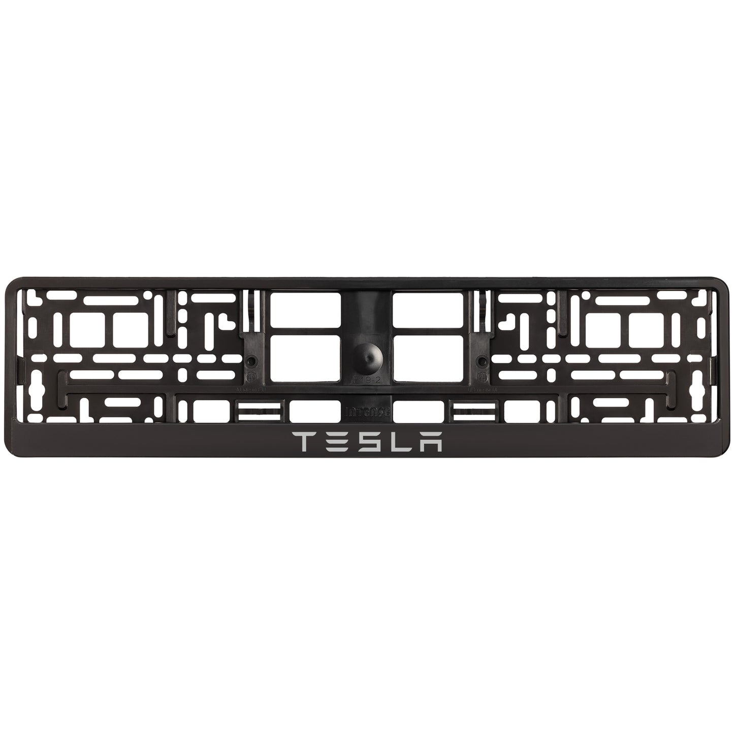 
        black license plate frame with silver tesla text
     