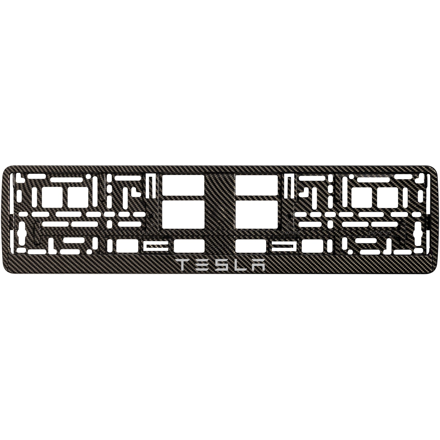 
        carbon license plate frame with silver tesla text
     