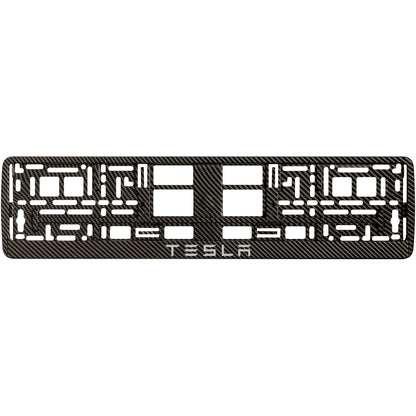 carbon license plate frame with silver tesla text