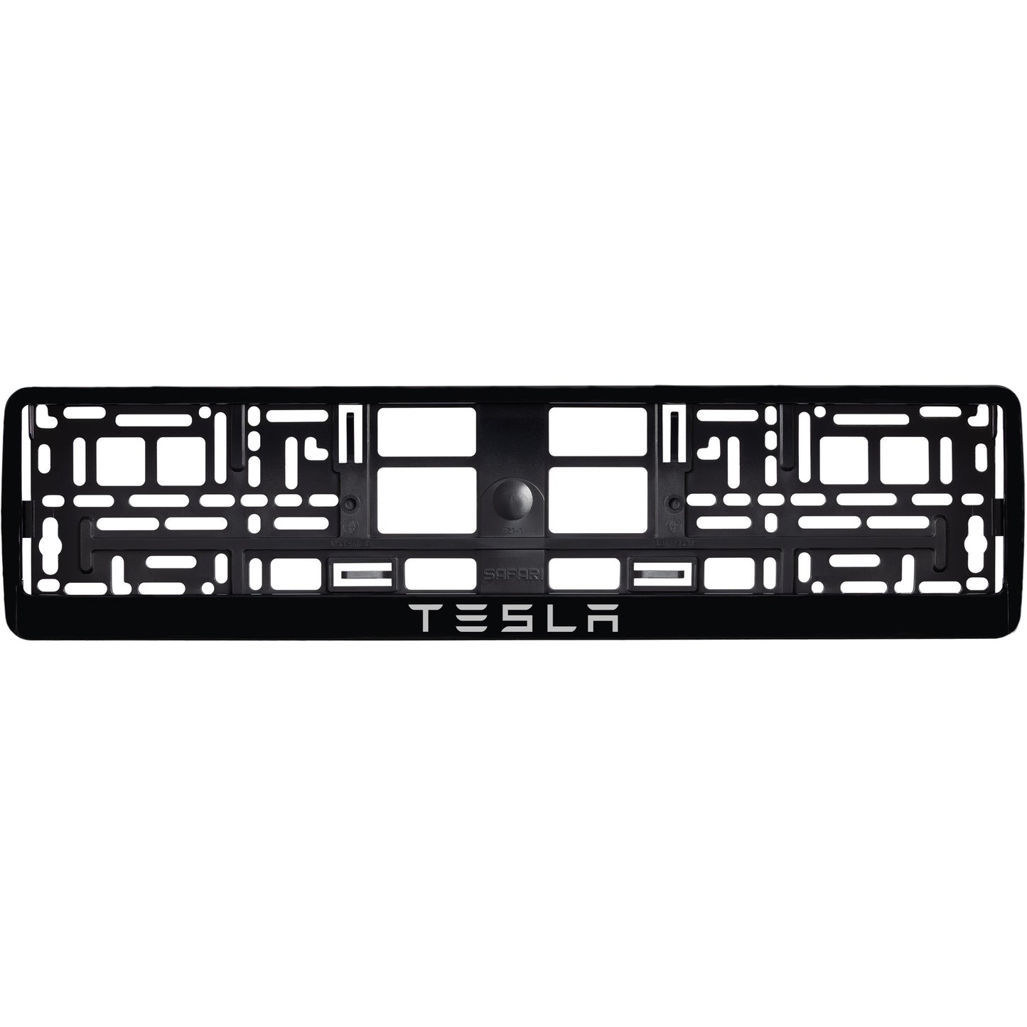 
        gloss black license plate frame with silver tesla text
     
