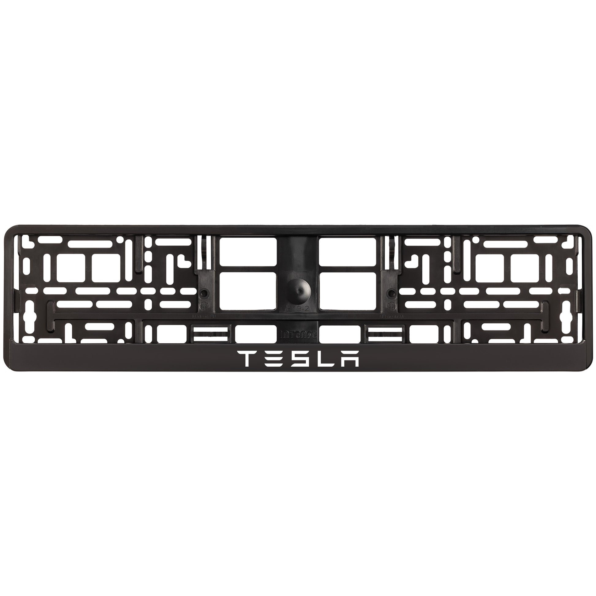 black license plate frame with white tesla text