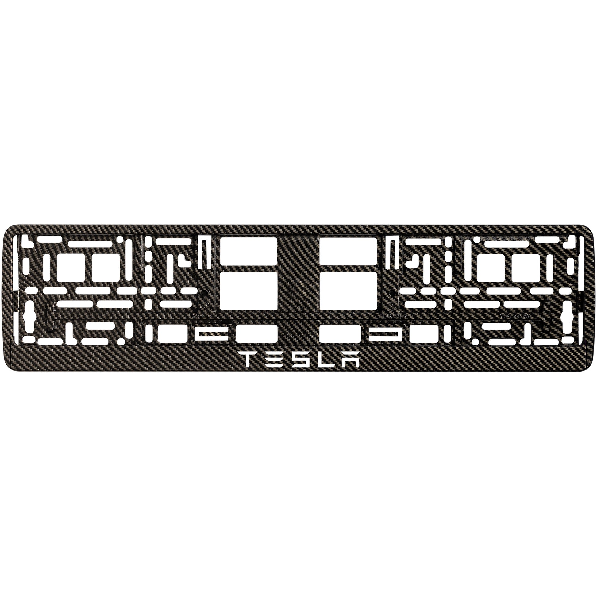 carbon license plate frame with white tesla text