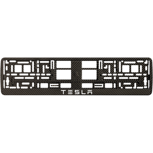 carbon license plate frame with white tesla text