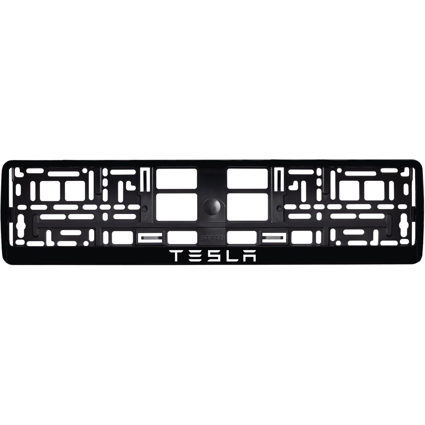 
        gloss black license plate frame with white tesla text
     