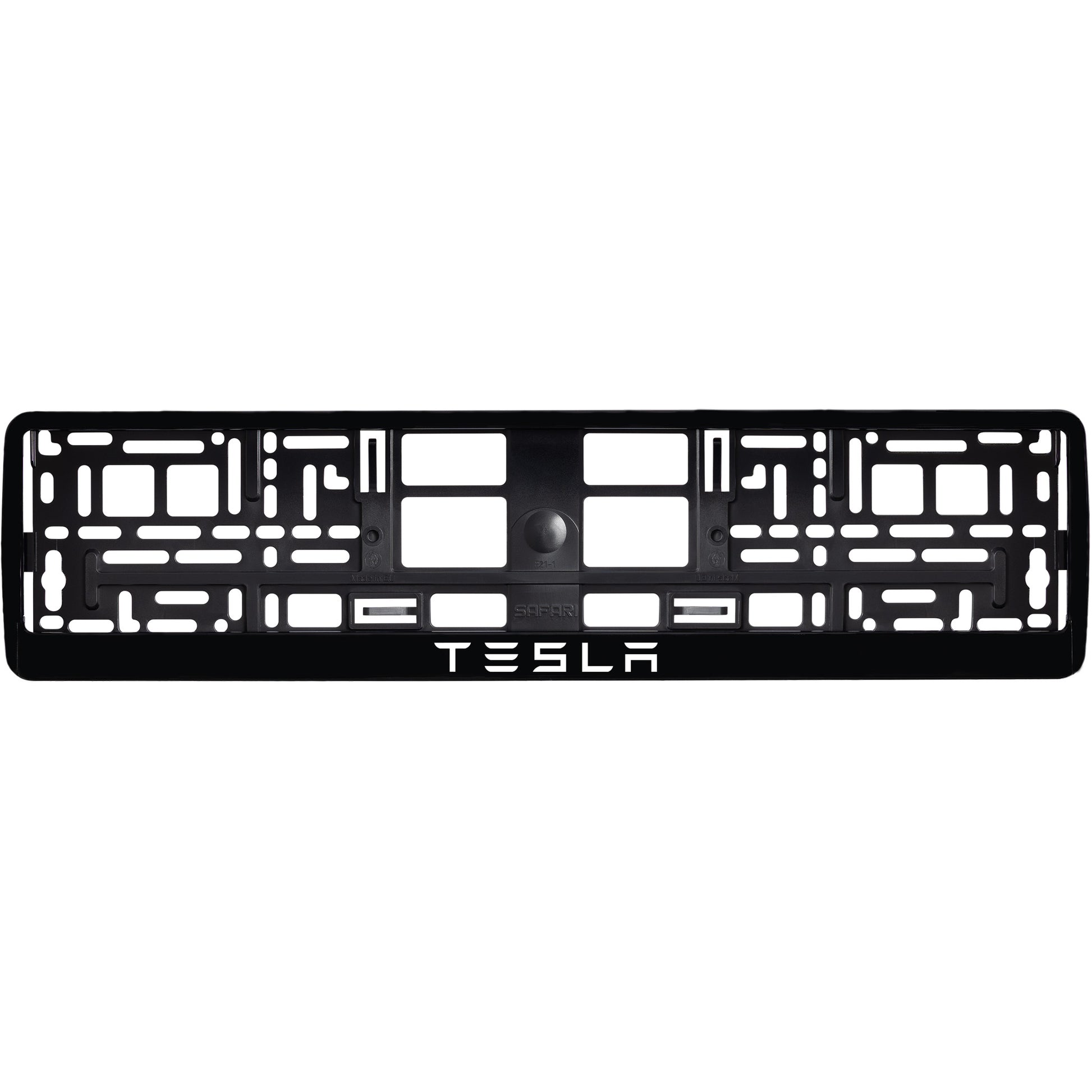 gloss black license plate frame with white tesla text