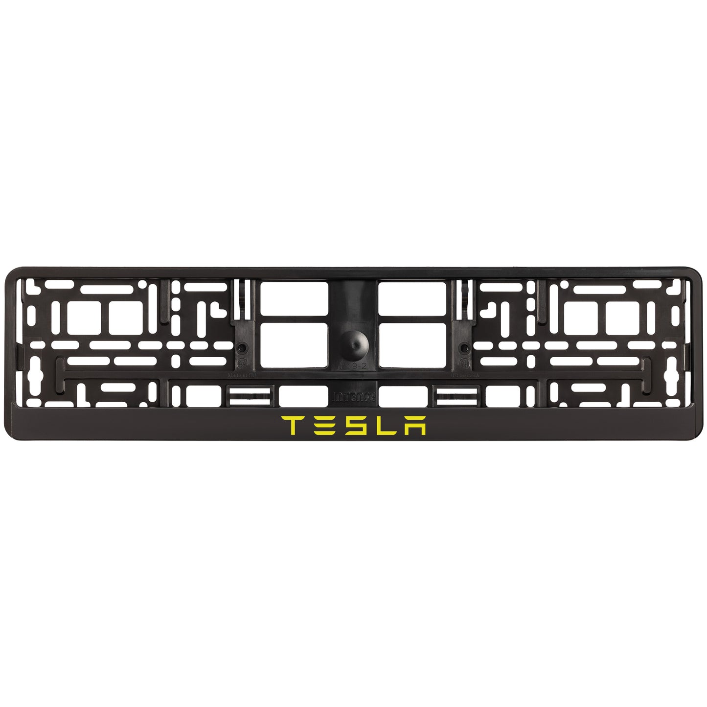 
        black license plate frame with yellow tesla text
     