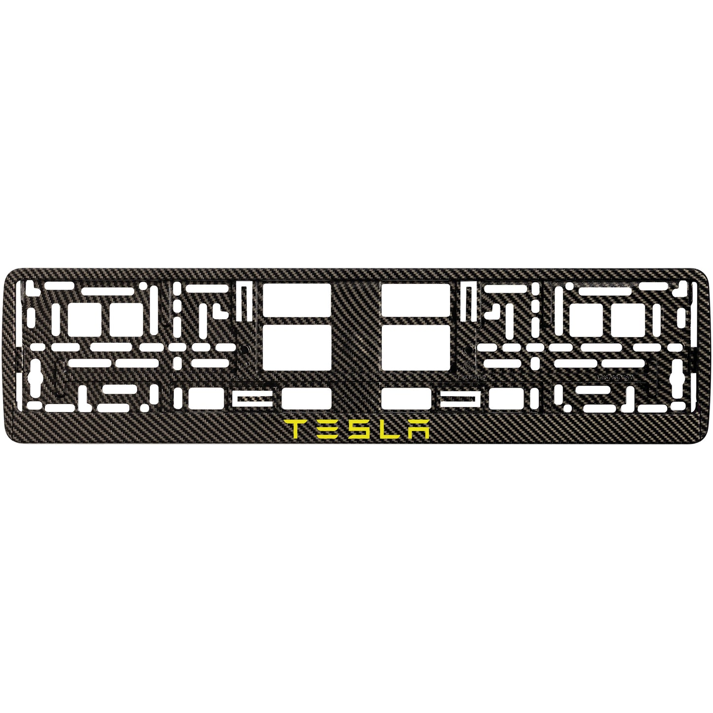
        carbon license plate frame with yellow tesla text
     