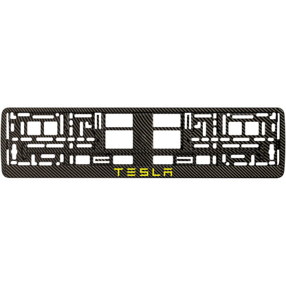carbon license plate frame with yellow tesla text