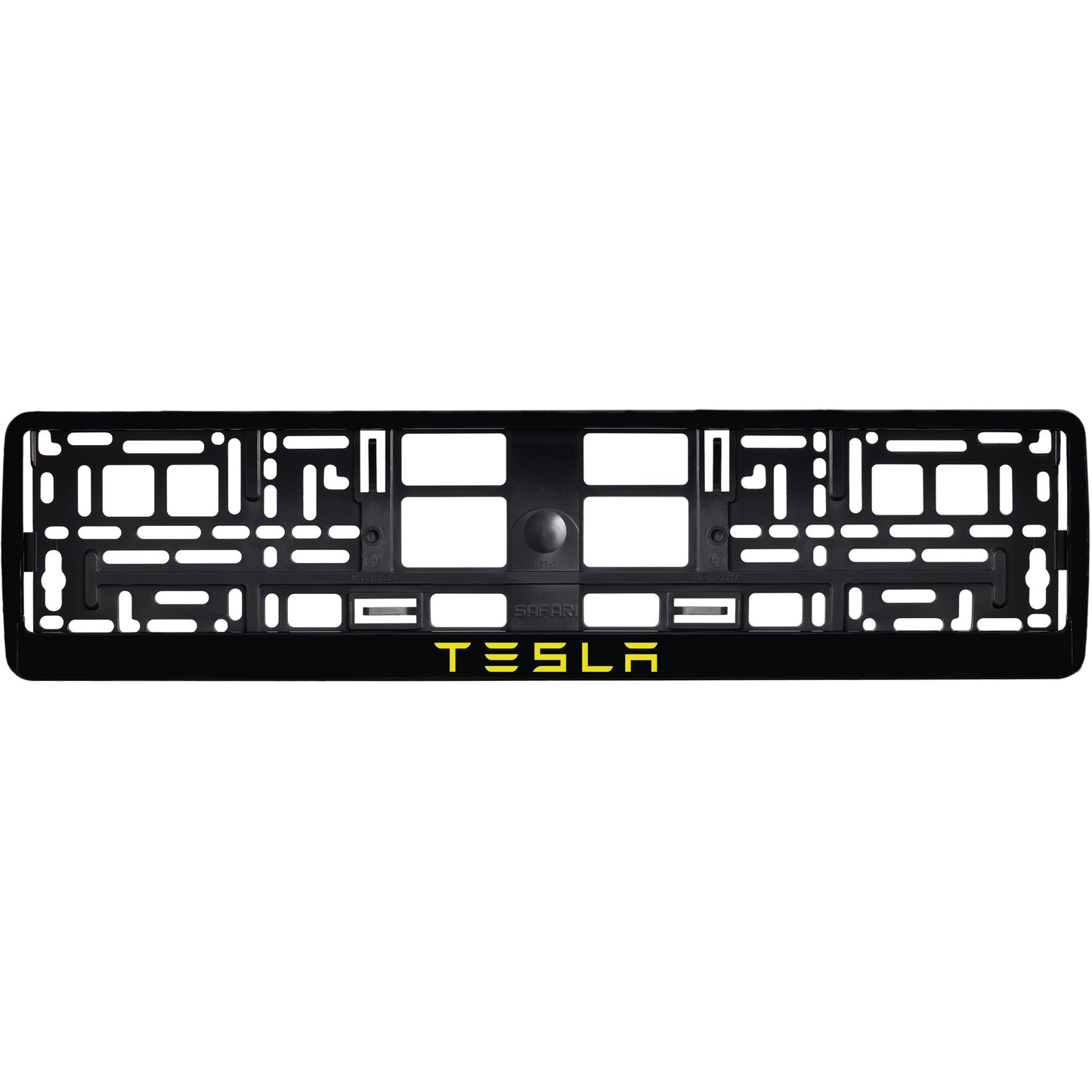 
        gloss black license plate frame with yellow tesla text
     