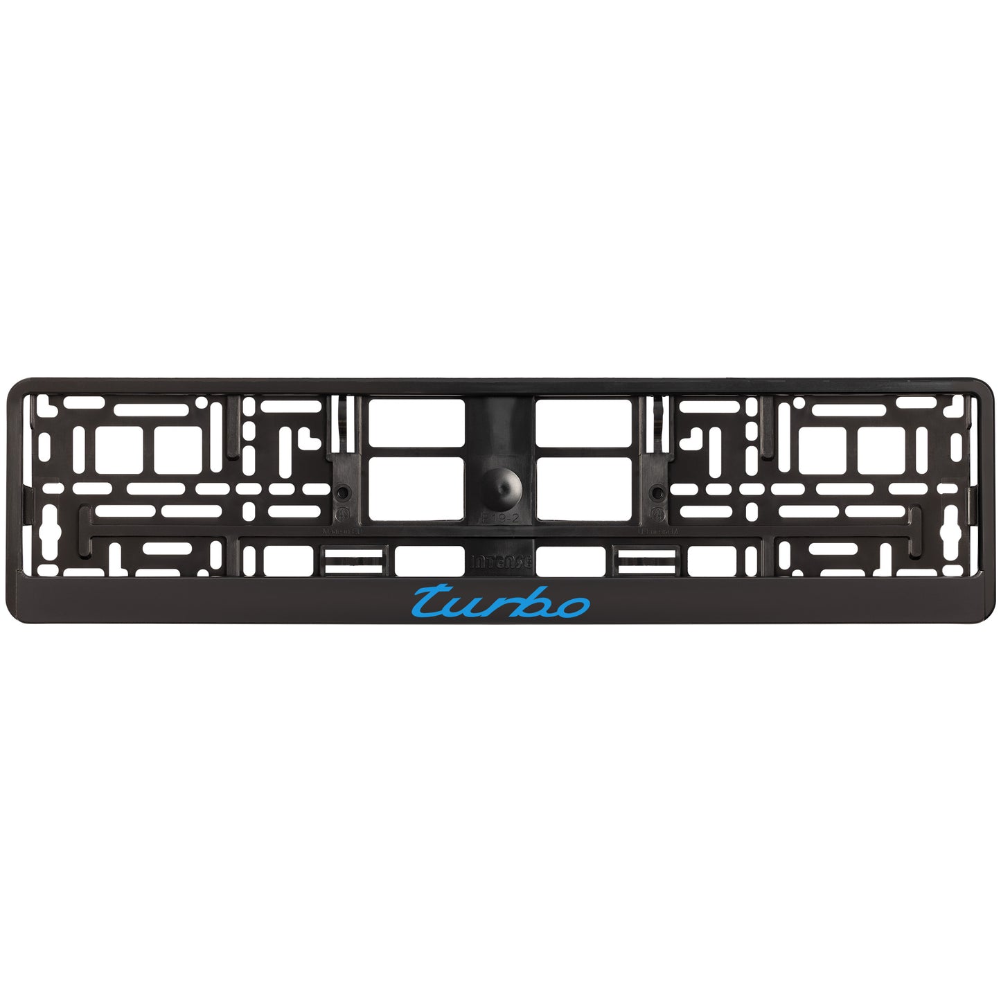 
        black license plate frame with blue cyan turbo logo
     