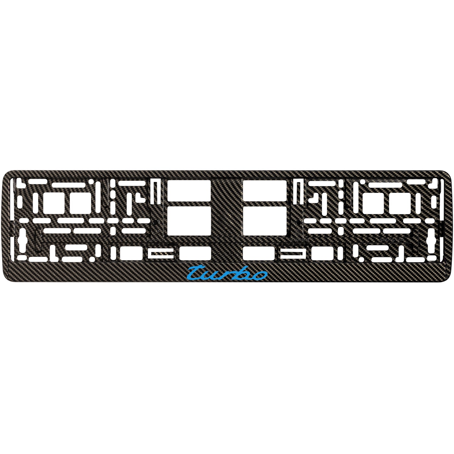 
        Carbon style license plate frame with blue cyan turbo logo
     