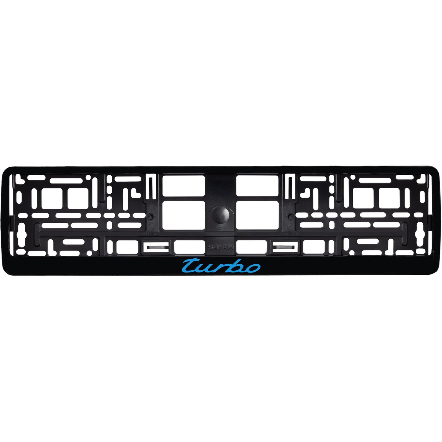 
        gloss black license plate frame with blue cyan turbo logo
     