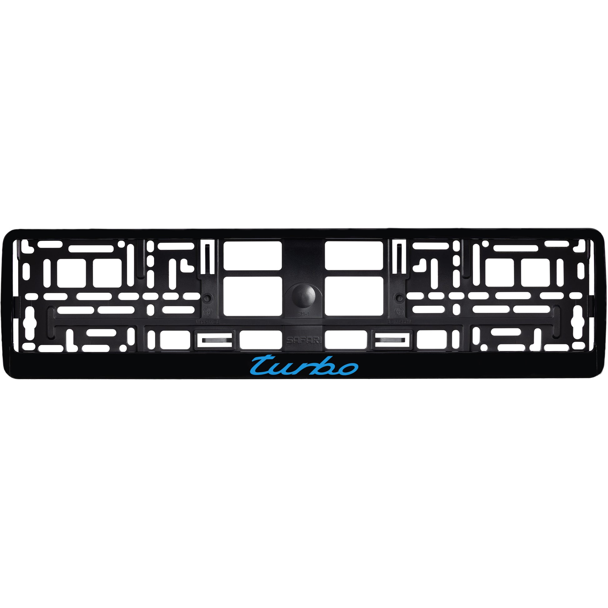 gloss black license plate frame with blue cyan turbo logo