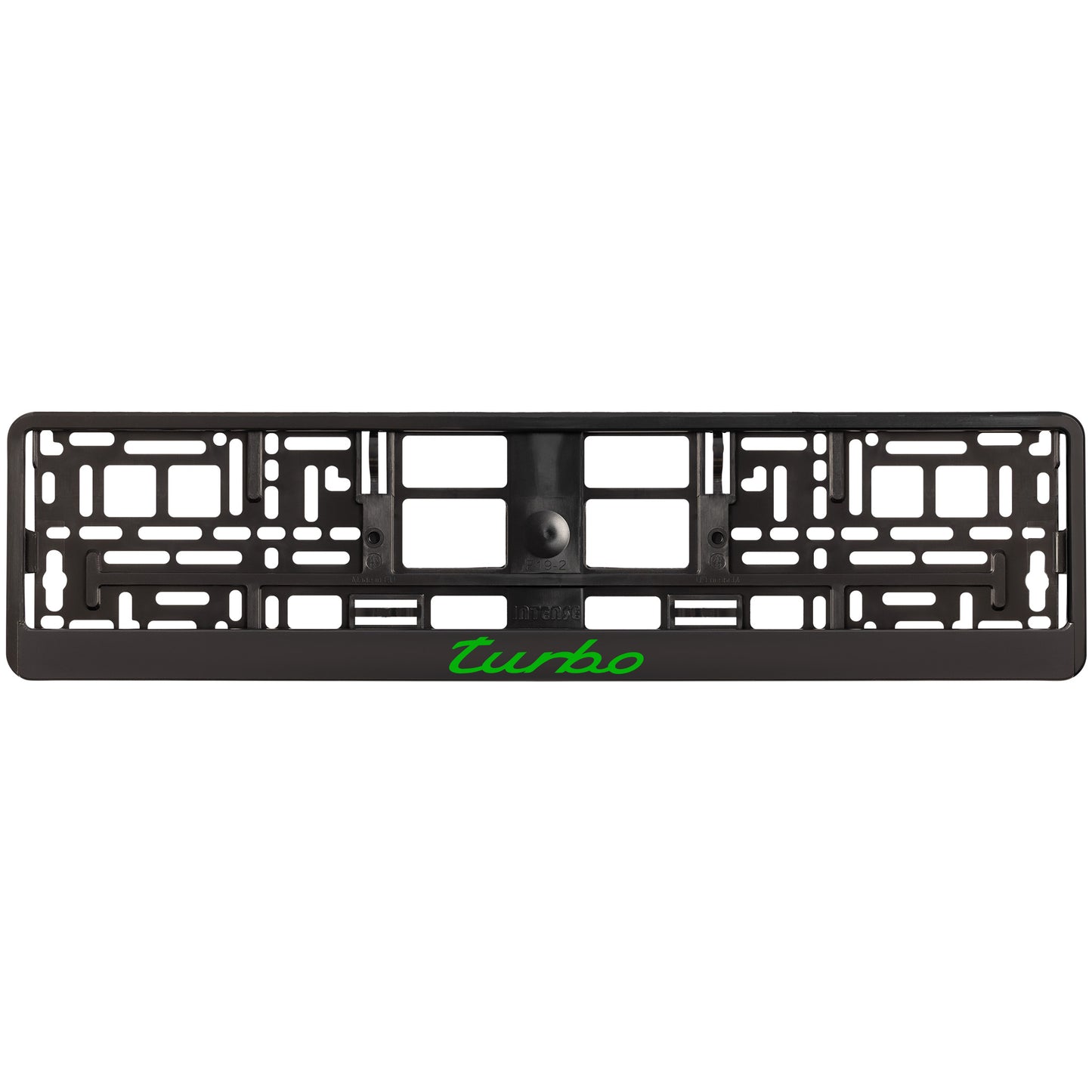 
        black license plate frame with green turbo logo
     