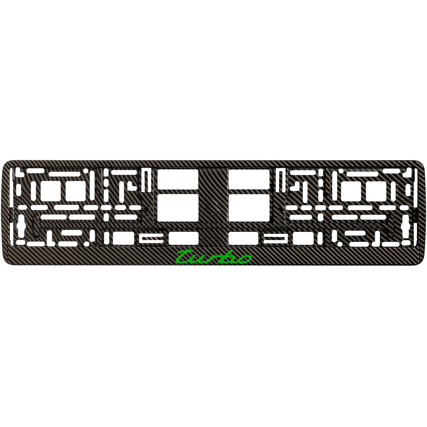 
        Carbon style license plate frame with green turbo logo
     