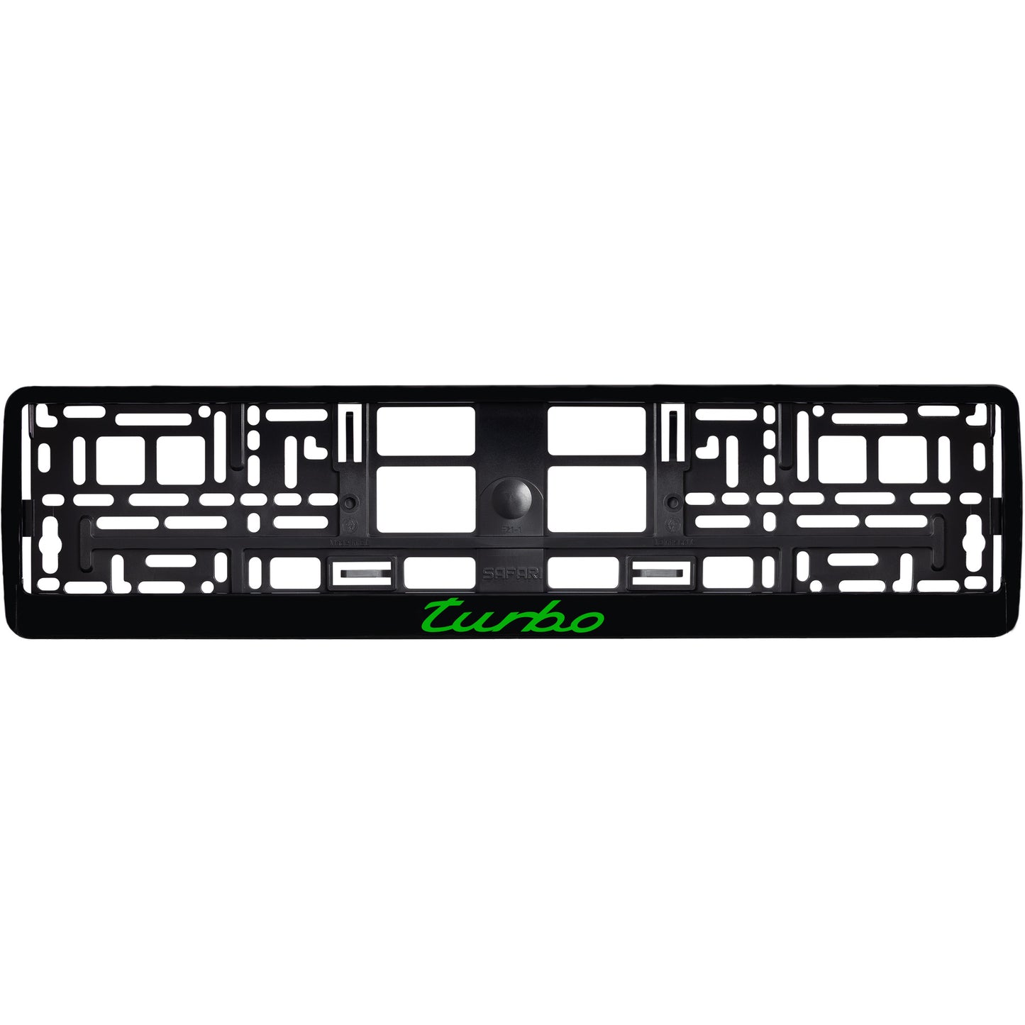 
        gloss black license plate frame with green turbo logo
     