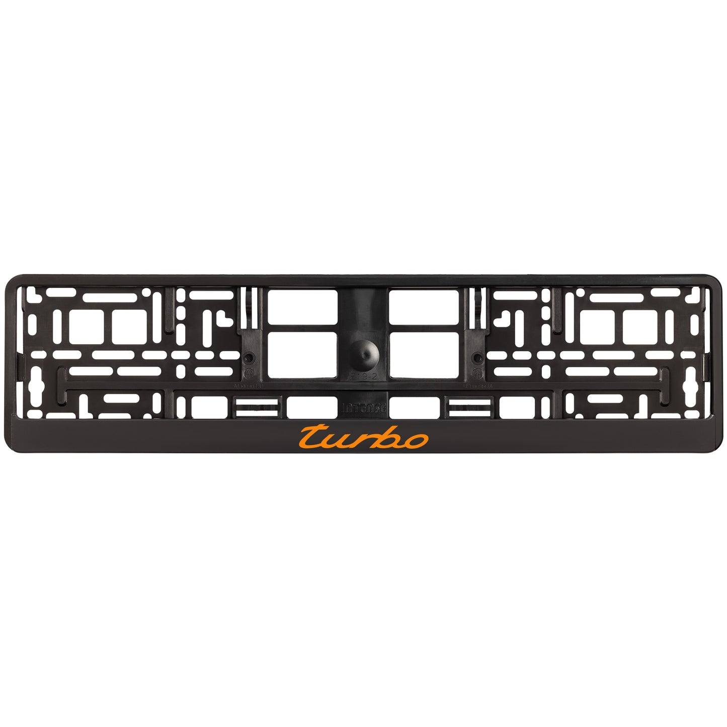 
        black license plate frame with orange turbo logo
     