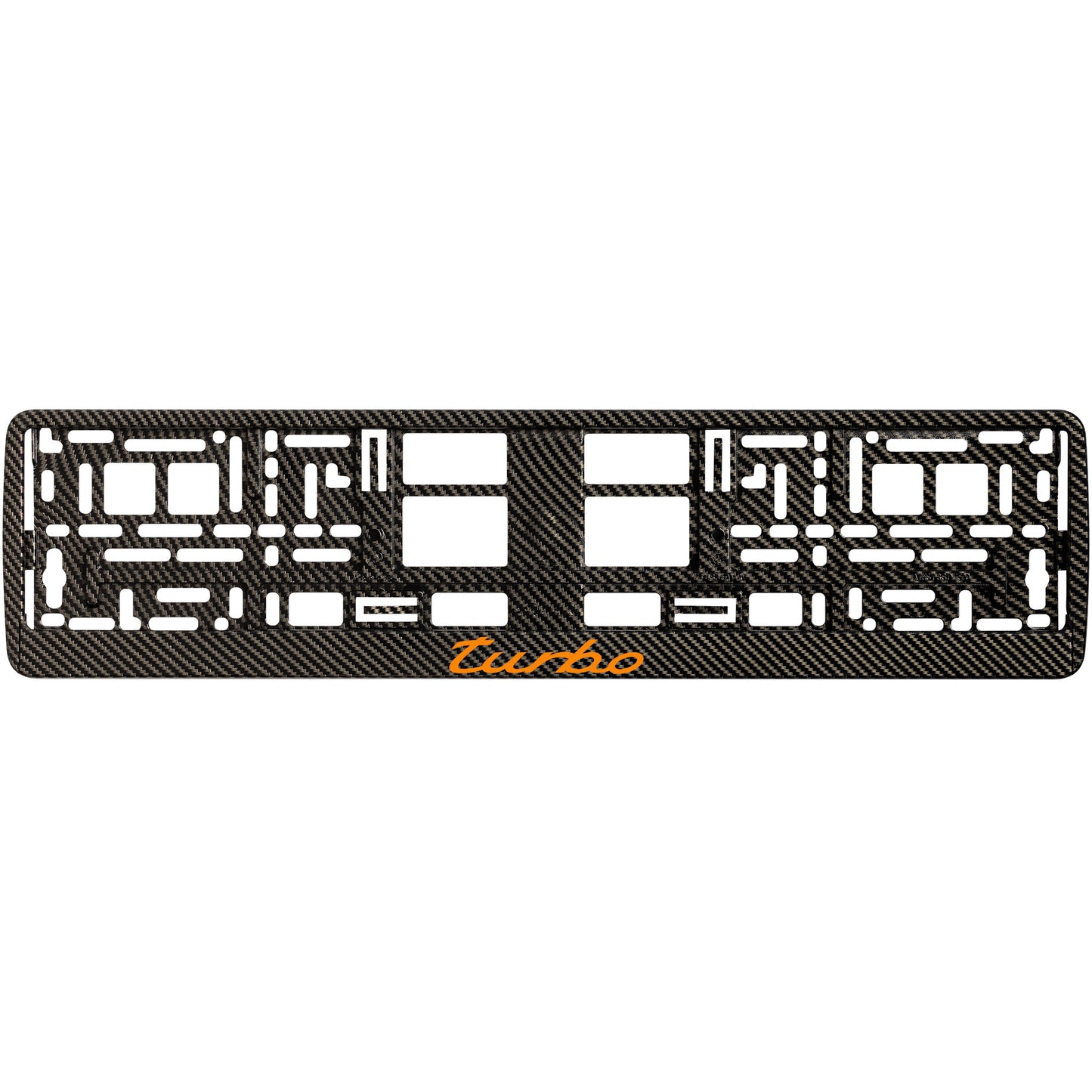 
        Carbon style license plate frame with orange turbo logo
     