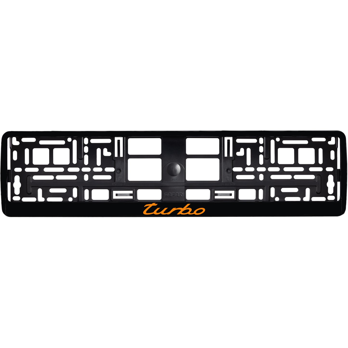 
        gloss black license plate frame with orange turbo logo
     
