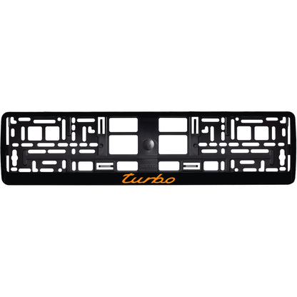 gloss black license plate frame with orange turbo logo
