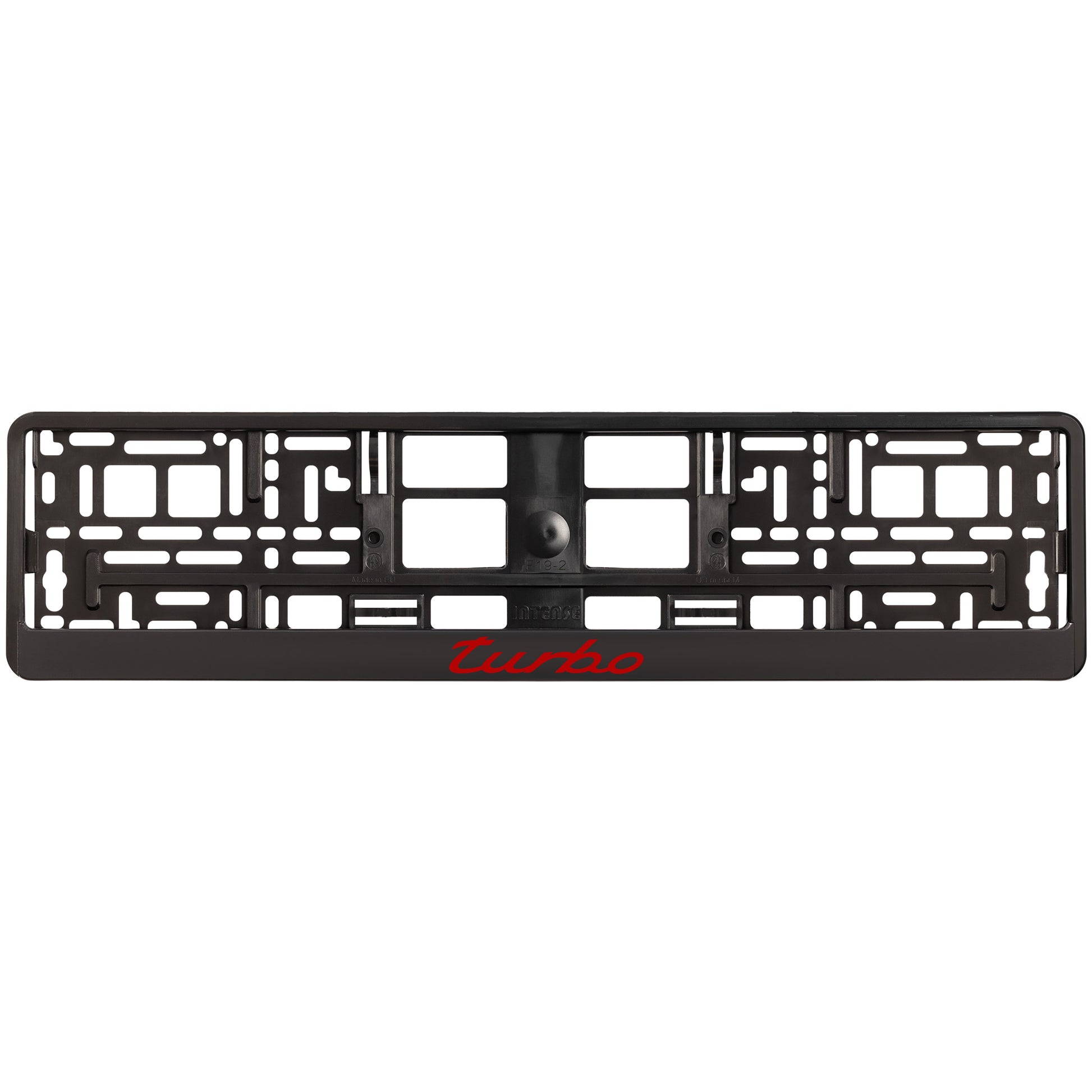 black license plate frame with red turbo logo