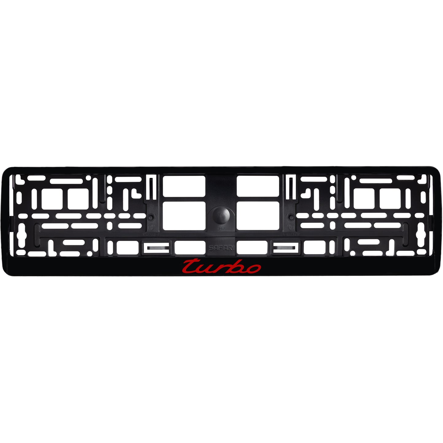 
        gloss black license plate frame with red turbo logo
     