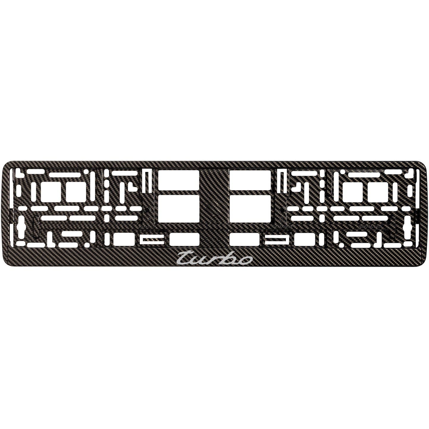 
        Carbon style license plate frame with silver turbo logo
     