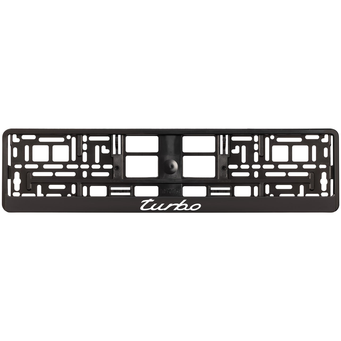 
        black license plate frame with white turbo logo
     