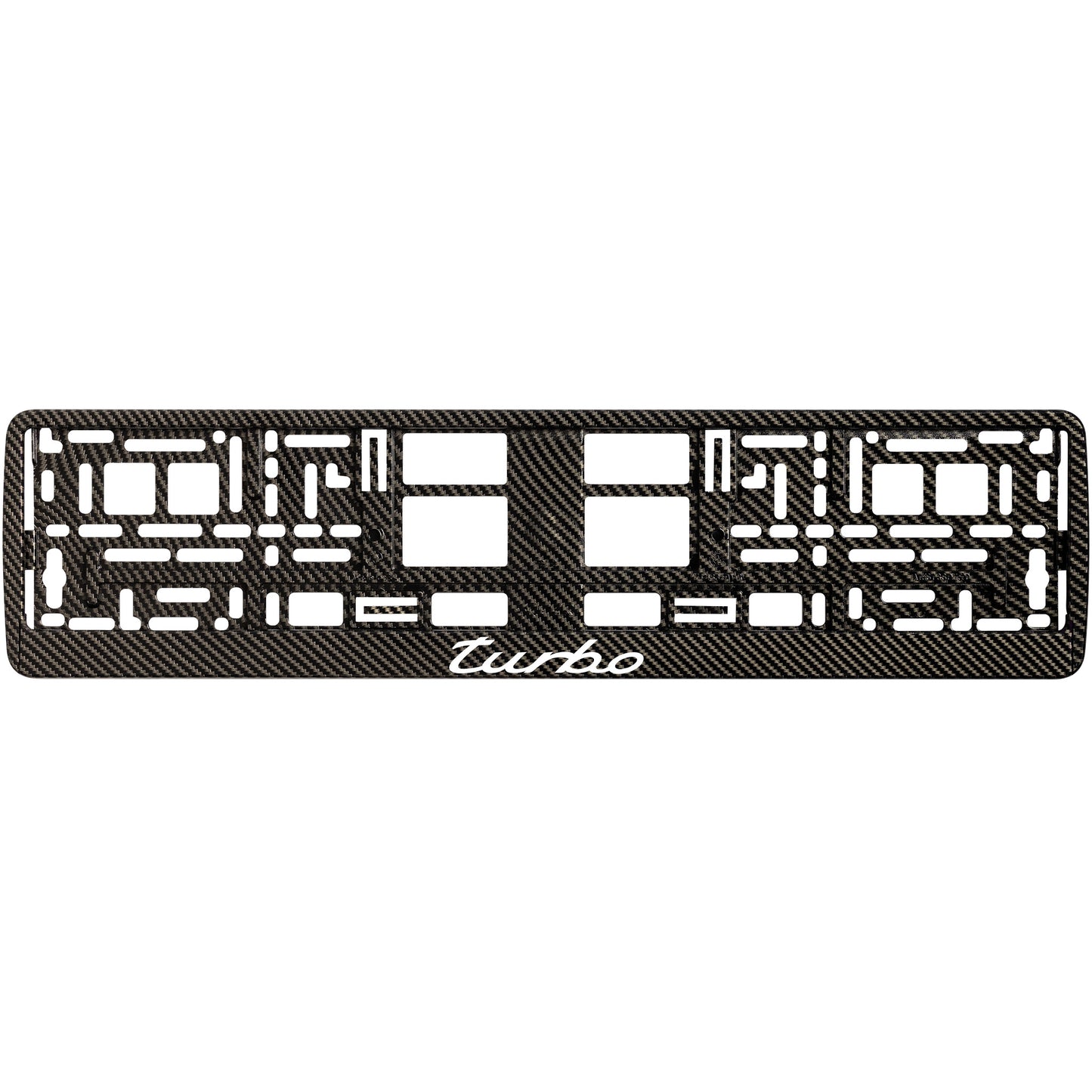 
        Carbon style license plate frame with white turbo logo
     