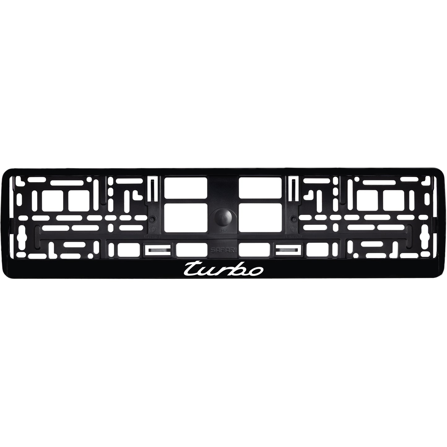 
        gloss black license plate frame with red white logo
     