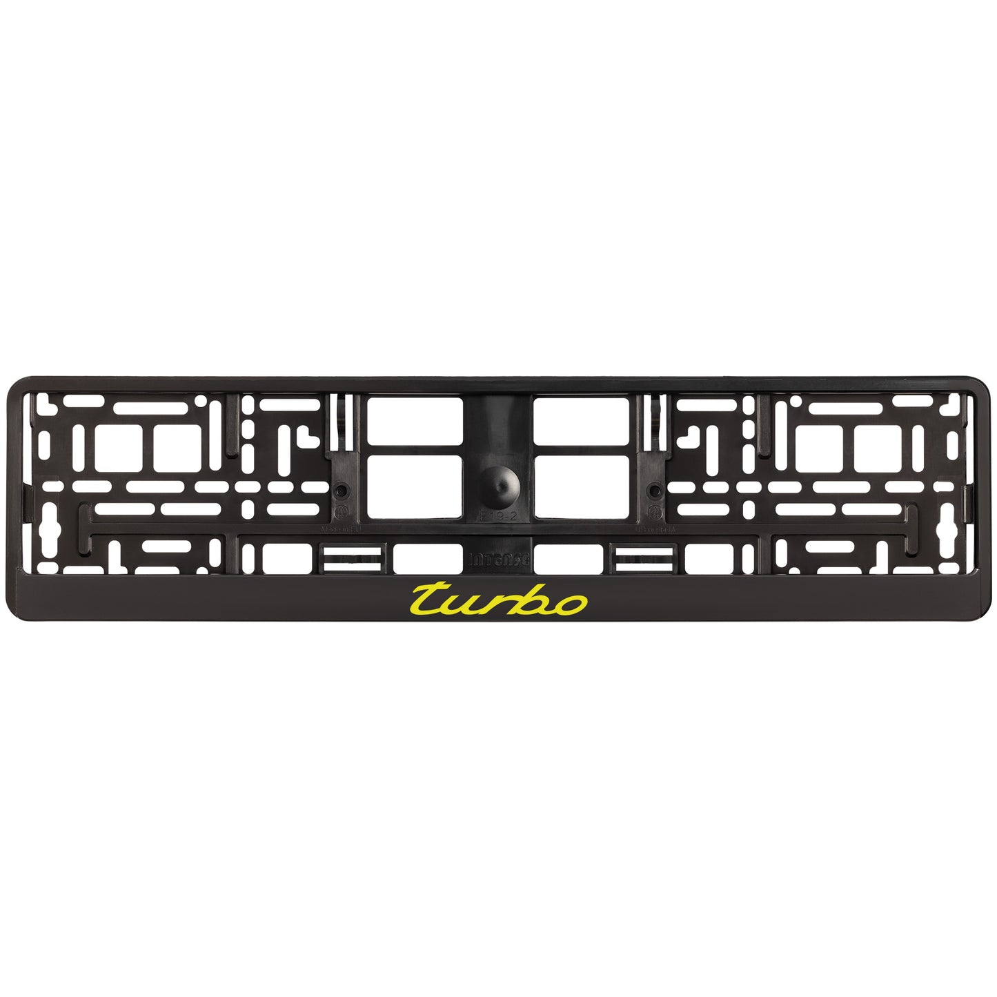 
        black license plate frame with yellow turbo logo
     
