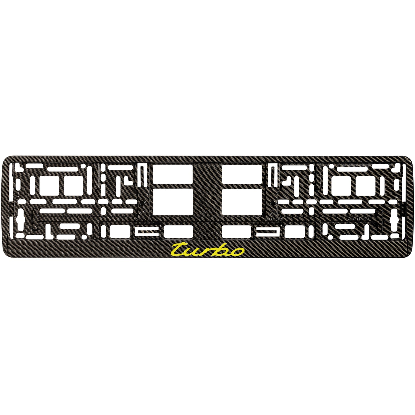 
        Carbon style license plate frame with yellow turbo logo
     