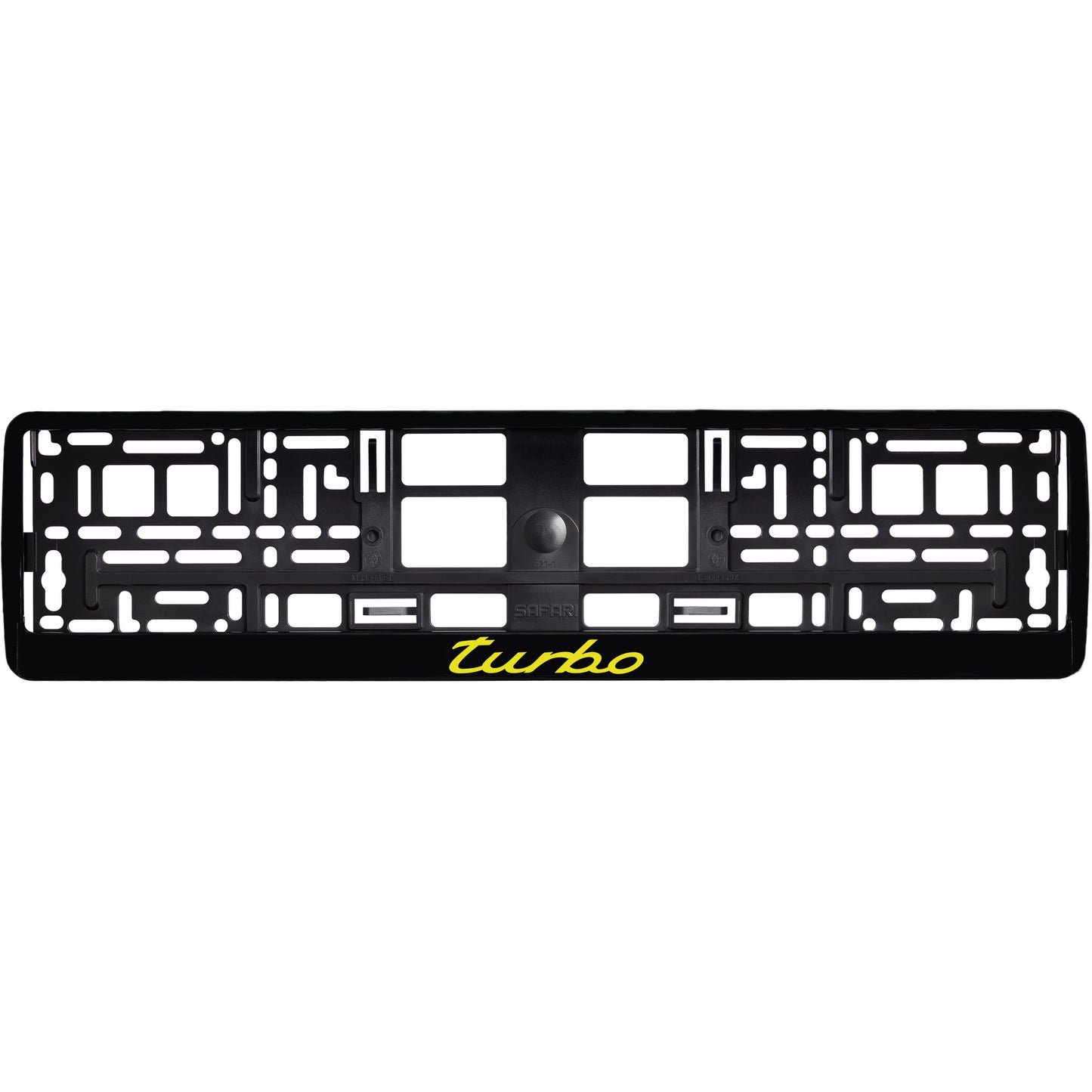 
        gloss black license plate frame with red yellow logo
     